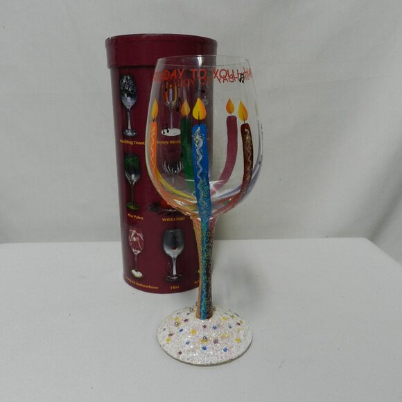 Lolita Happy Birthday Wine Glass Hand Painted Candles Recipe Bottom 15 oz w/ Box - Picture 1 of 11